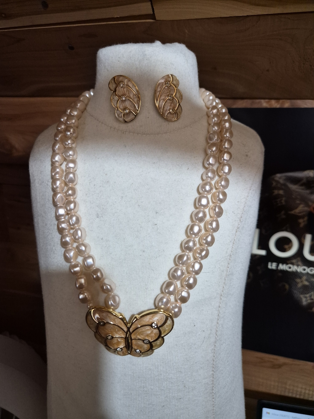 Kenneth Jay Lane Champagne Pearl Double-Strand Necklace with Gold Butterfly
